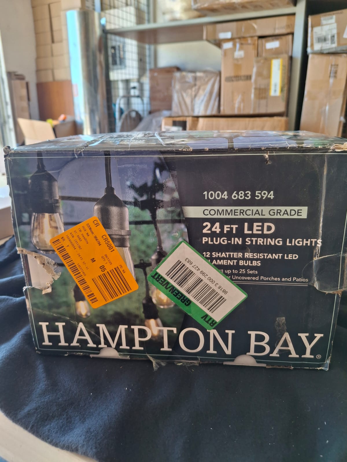 Open box Hampton Bay 12-Light 24 ft. Plug-in Indoor/Outdoor Edison String Light with S14 Single Filament LED Bulbs