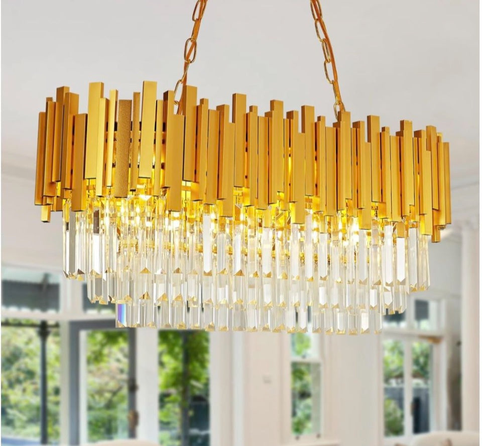 AOOCOW Modern Crystal Chandelier Luxury Gold Chandelier Lights Contemporary Oval Crystal Kitchen Island Chandelier Large Raindrop Pendant Light Fixture - Selzalot