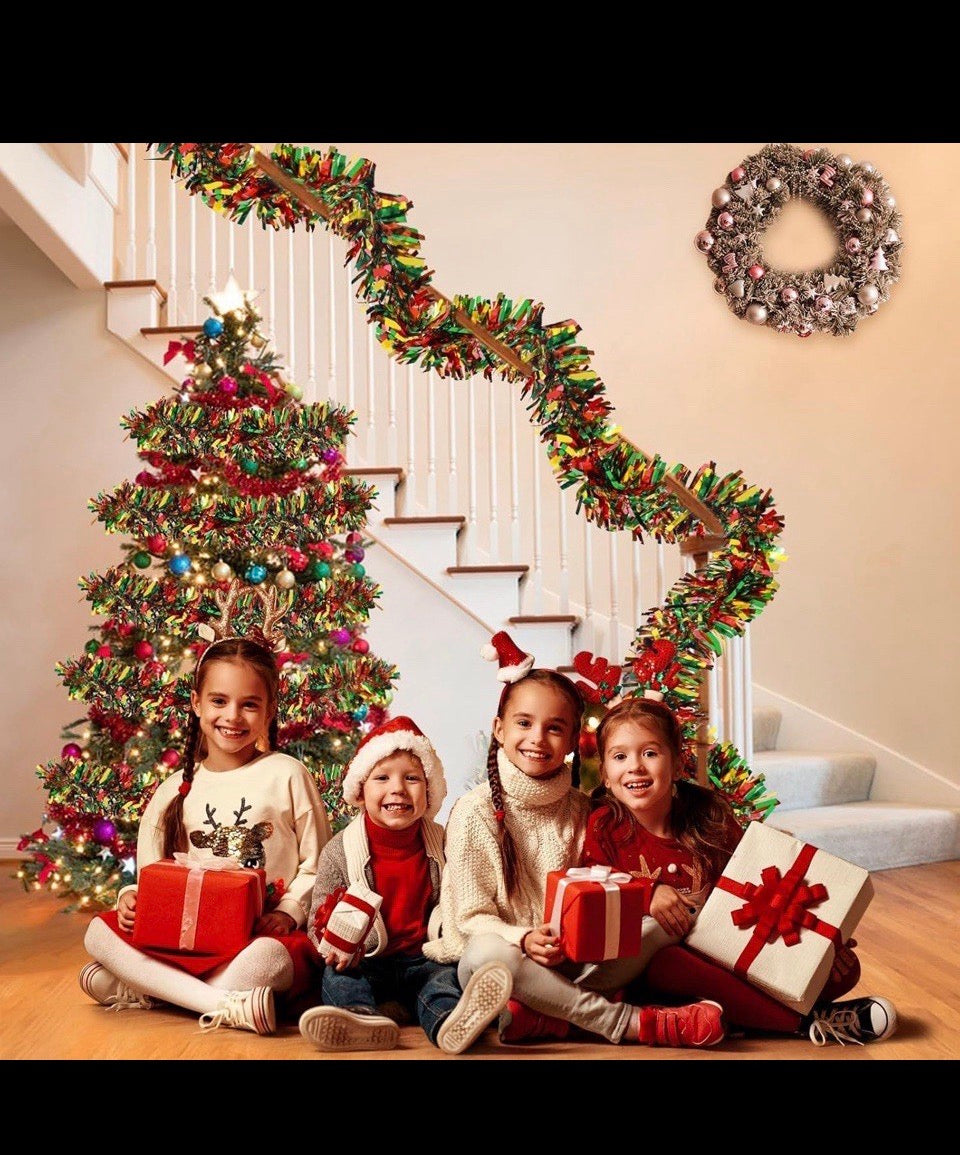 Open Box Wowscan 50Ft Christmas Red Green and Gold Tinsel Garland Metallic Twist Shiny