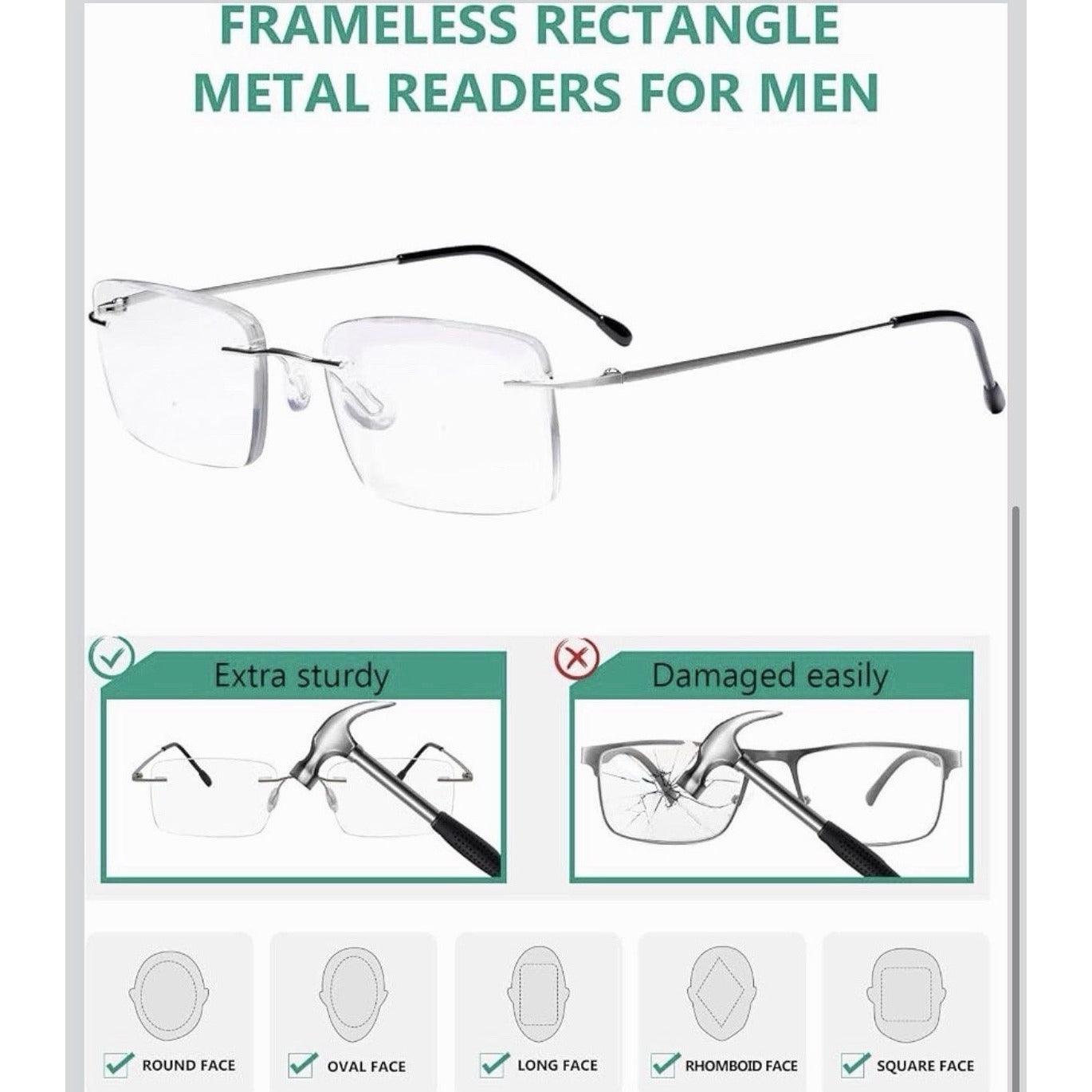 Eyekepper 3-Pack Rimless Metal Reading Glasses For Men - Rectangle Frameless