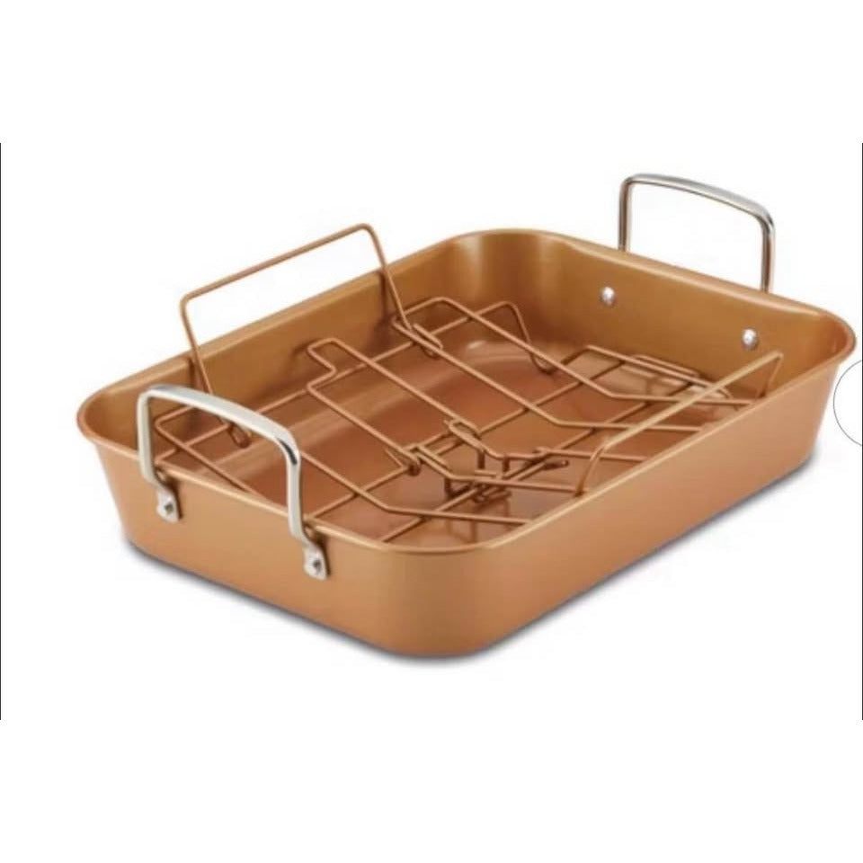 Ayesha Curry Nonstick Roaster with convertible rack and stainless steel handles for oven roasting