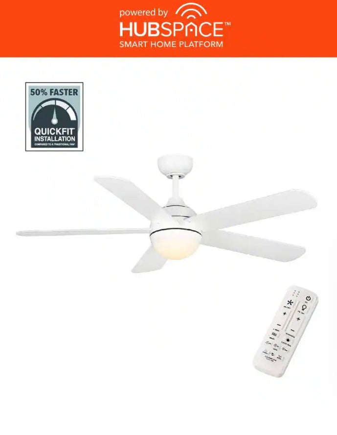 Hampton Bay Morland 52 in. Smart Indoor/Covered Outdoor Matte White Ceiling Fan with Remote and Integrated LED Powered by Hubspace