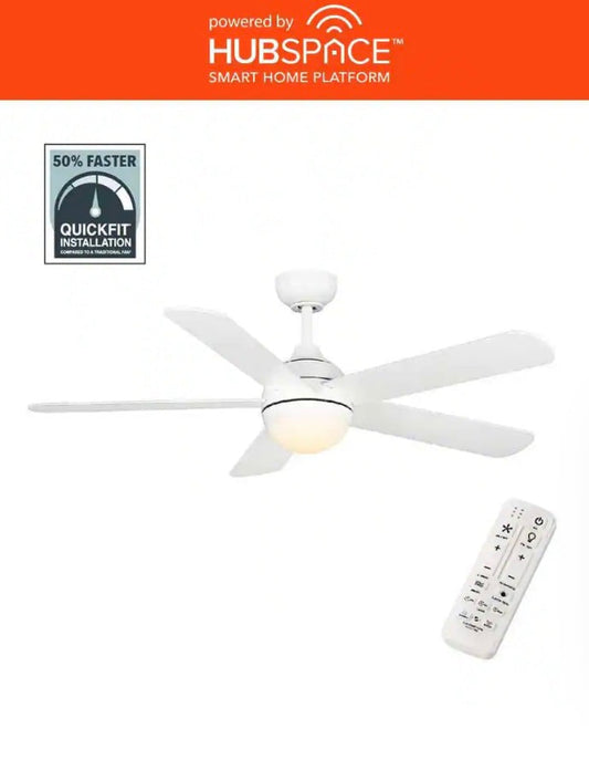 Hampton Bay Morland 52-inch matte white smart ceiling fan with remote and integrated LED light powered by Hubspace.