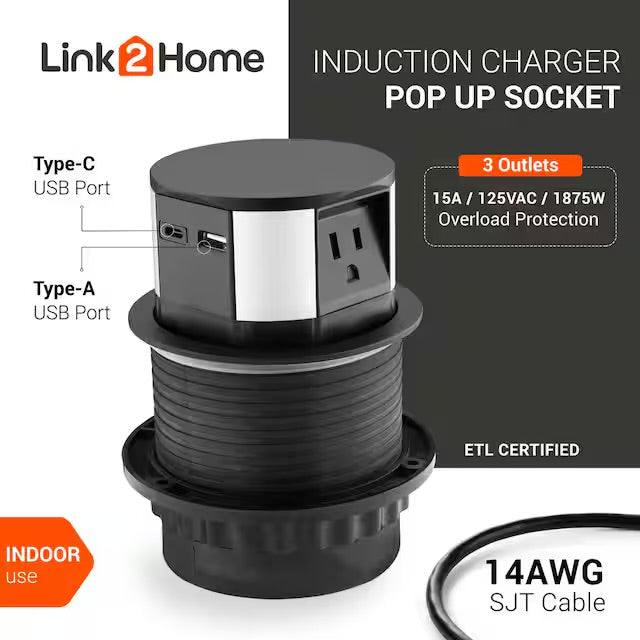Used Link2Home 10-Watt Space Saver Pop Up-Outlet, Fast Induction Charger with Type-C USB, 3-Outlets, 2 USB Ports, Surge Protection