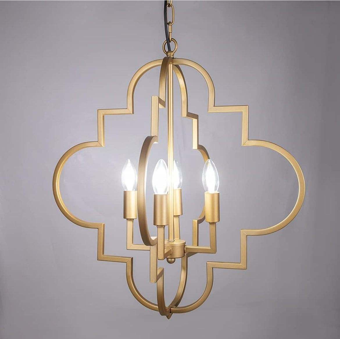Wellmet Orb Chandelier in gold with geometric design, four candle-style lights.
