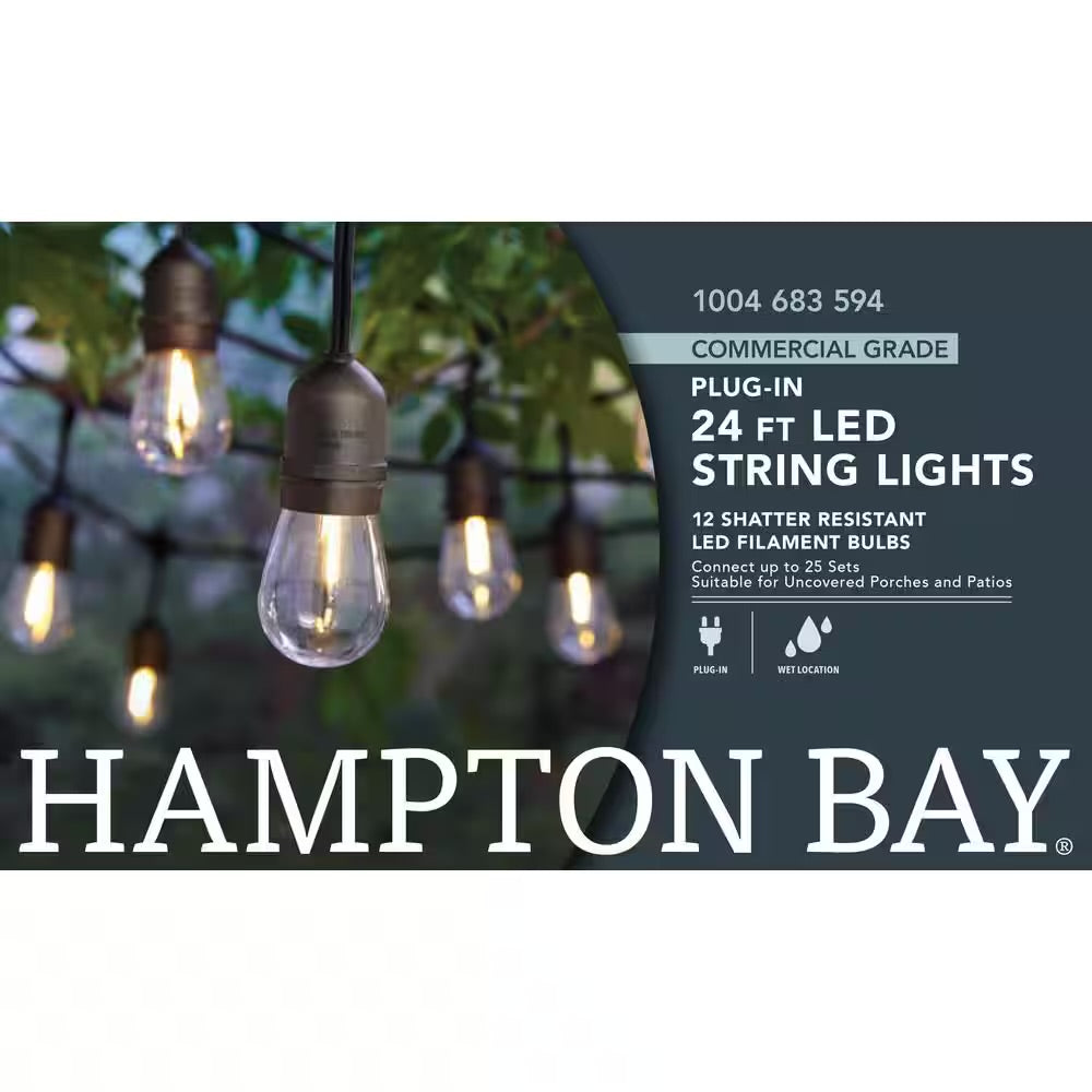 Open box Hampton Bay 12-Light 24 ft. Plug-in Indoor/Outdoor Edison String Light with S14 Single Filament LED Bulbs