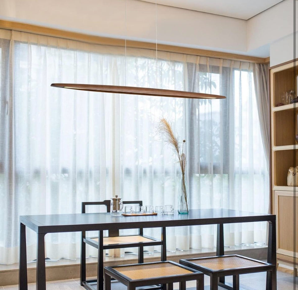 Open box YISDESIGN Wood Linear Pendant Hanging Light Fixture Minimalist Light Linear Chandelier Wood Kitchen Island Lighting 40w Dimmable for Dining R
