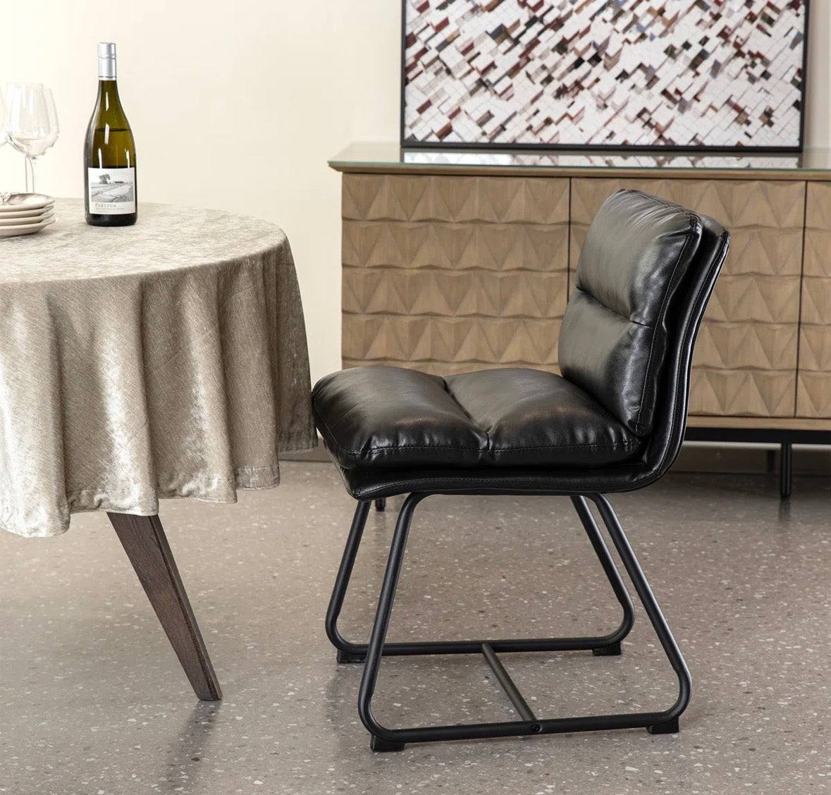 17 stories Modern Two-Tone Color Leatherette Mixed Fabric Dining Chair With Metal Black Tapered Legs (Set of 2)