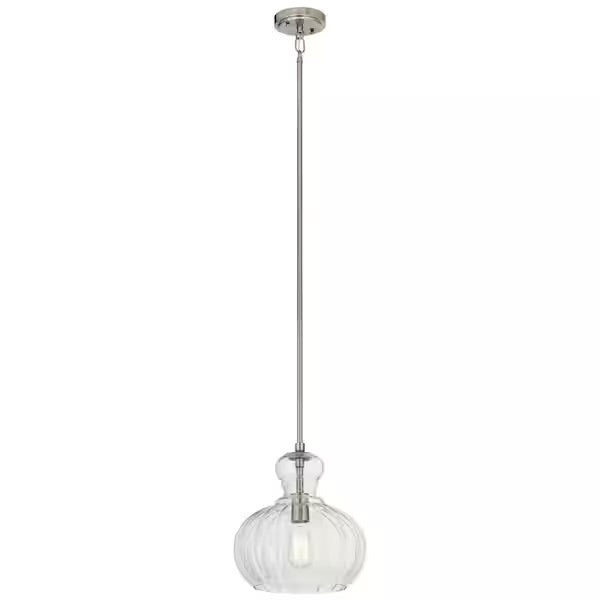 KICHLER Riviera 13 in. brushed nickel hanging kitchen pendant light with clear ribbed glass shade and vintage-inspired design