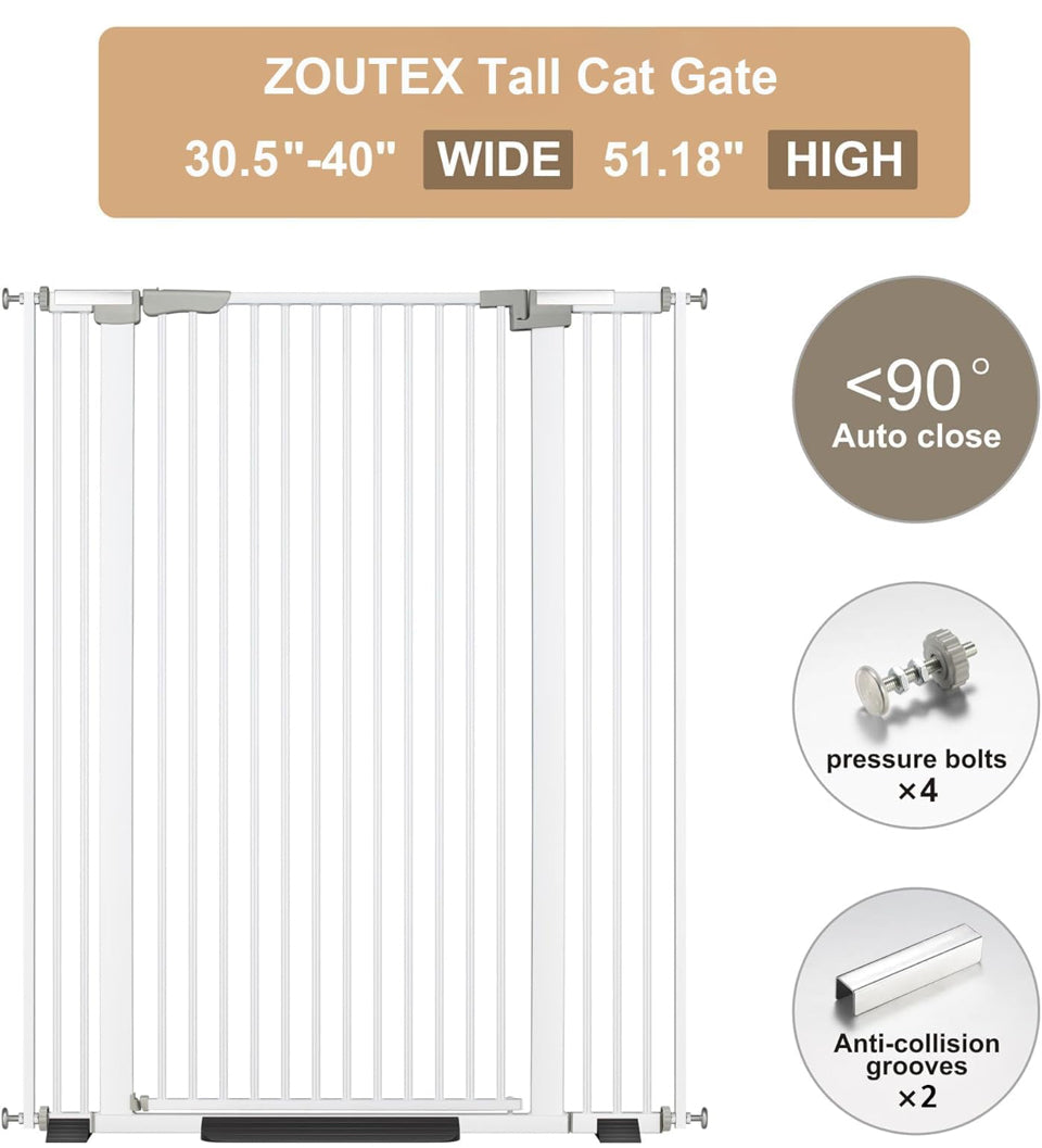 Open Box ZOUTEX 51.18"" Extra Tall Cat Gate for Doorway, 30.5""-40"" Auto Close Pet Gate Include 2.75"" and 5.5""
Extension Kits, No Drilling Pressure Mount Kit, Suitable for Doorways or Kitchen, New White
