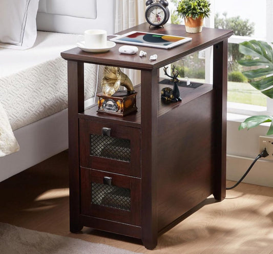 Farmhouse XXL end table with charging station, two drawers, and wood grain finish.