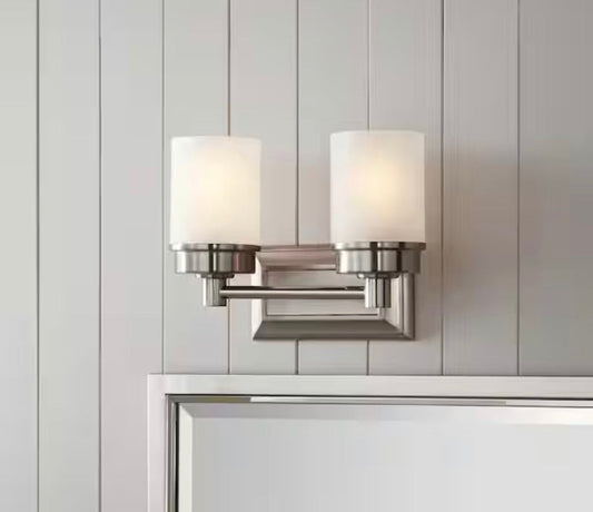 Hampton Bay Cade 11.7 in. 2-light brushed nickel bathroom vanity light with frosted glass shades wall mount fixture