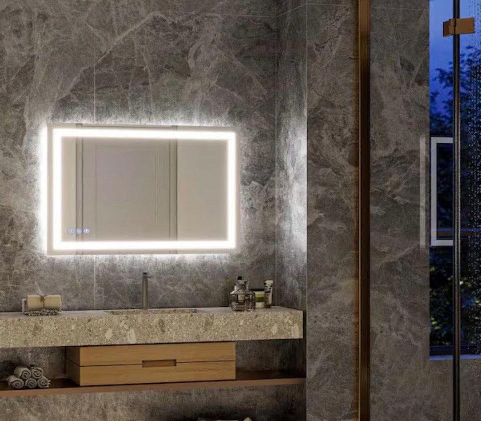 GLSLAND 26 in. W x 38 in. H LED Light Anti-Fog Rectangular Frameless Wall Bathroom Vanity Mirror White