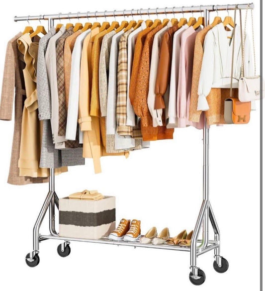 Open Box HYSEYY Heavy Duty Clothes Rack Load 450 LBS, Metal Garment Rack, Standing Rolling Clothing Rack for Hanging Clothes with Sturdy Wheels & Shel