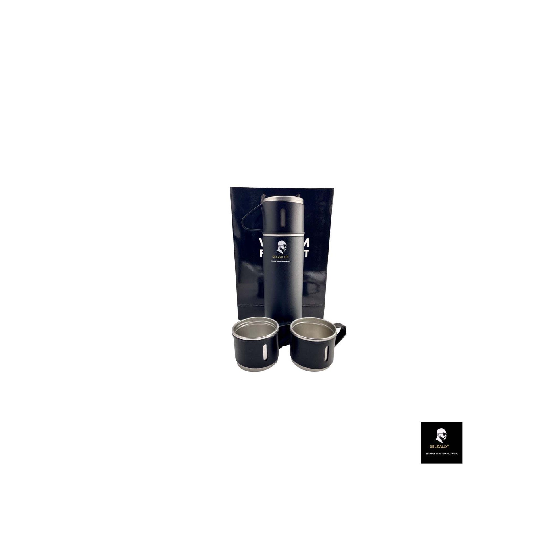 SELZALOT Stainless Steel Vacuum Flask Set, 500ML Gift Set, Black, Thickened Food Grade 304 Stainless Steel, Durable Insulation, Ergonomic Design, with 3 Cups - Selzalot