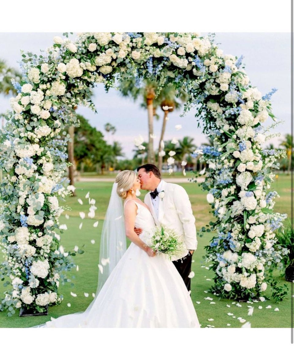 Open Box New Metal Wedding Arch Backdrop Stand, 7.2FT Gold Balloon Arched Frame Stand ,Collapsible Stable Arch Background for Party, Garden Ceremony D