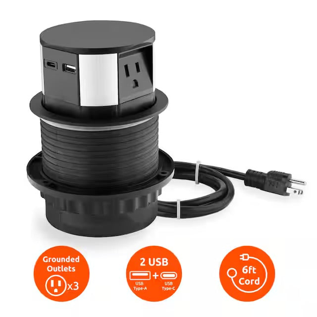 Used Link2Home 10-Watt Space Saver Pop Up-Outlet, Fast Induction Charger with Type-C USB, 3-Outlets, 2 USB Ports, Surge Protection