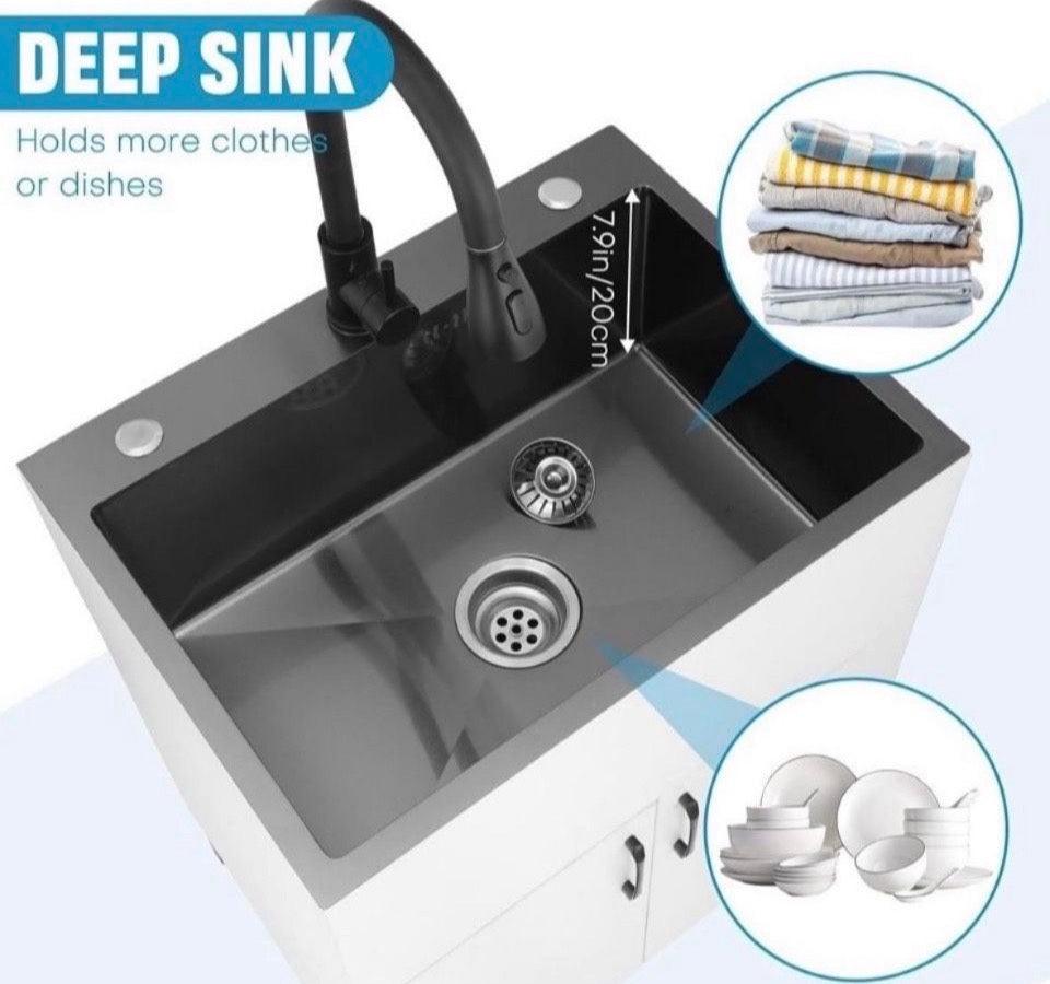 Open Box New Ownsig 23.6 inch Stainless Steel Laundry Sink with Cabinet and Pull-Out Faucet, Free Standing Utility Sink with Draining Basket