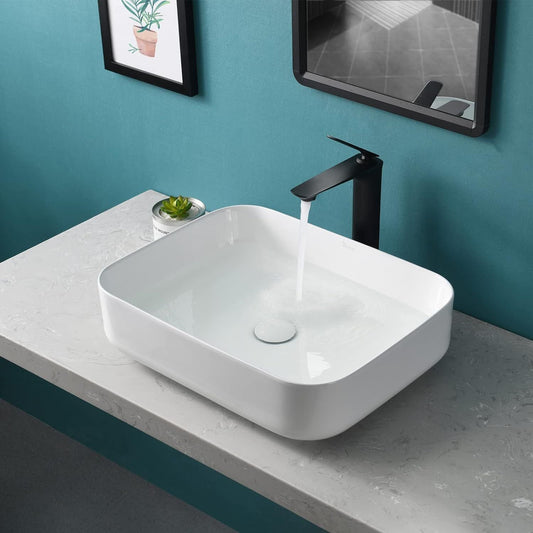White Tysun rectangle vessel sink above counter with modern minimalist design and black faucet
