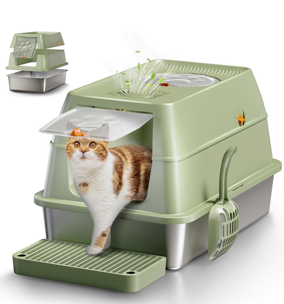 Open Box EOSARCU Stainless Steel Cat Litter Box with Lid, XL Large Enclosed High Sided Litter Box with Removable Lid, Carbon Filters -Odor Free, Easy