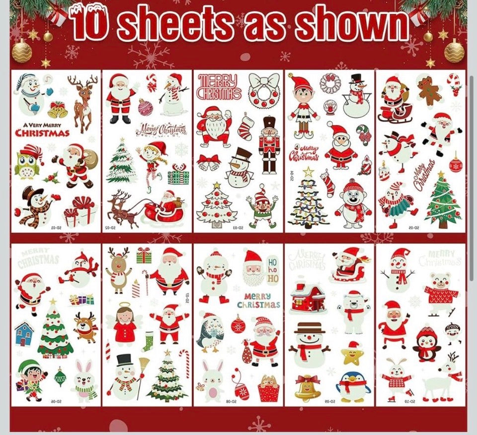 New HUSKEIN 10 Sheets Luminous Christmas Tattoos for Kids, Christmas Temporary Tattoos, Bulk Stocking Stuffers for Kids, Merry Xmas Party Decorations