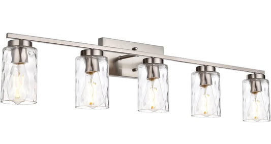 Vanity lights for bathroom with modern brushed nickel finish and clear hammered glass shades.