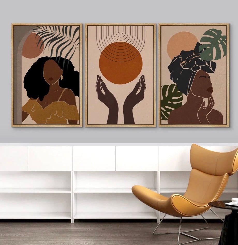 "IDEA4WALL Mid Century Modern Boho "" African American Stylish Black Woman Female Portrait Mid-Century Modern Boho Abstract Jungle Plant "" 3 - Pieces"