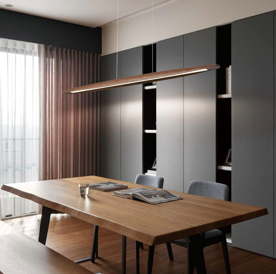 Open box YISDESIGN Wood Linear Pendant Hanging Light Fixture Minimalist Light Linear Chandelier Wood Kitchen Island Lighting 40w Dimmable for Dining R