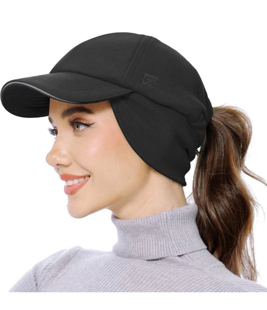 GADIEMKENSD Women's Fleece Ponytail Hat - Reflective Winter Hat with Flip Down Ear Warmer, Vertical Ponytail Hole, Adjustable