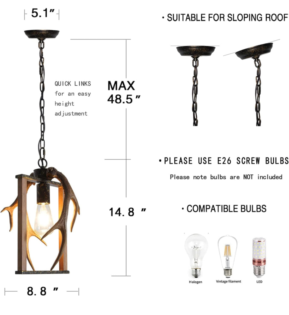 ALOYSIANS Small Deer Antler Lamp Imitation Wood Chandeliers FarmhouseSquare Antler Chandelier 1-Light 8.7"W*14.8"H Kitchen Lights Pendant Light Fixture - Selzalot
