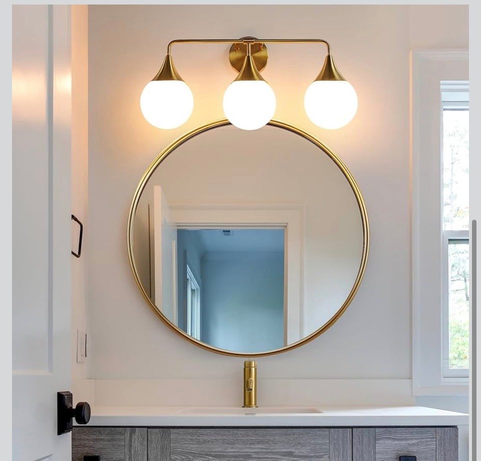 HAHZT Bathroom Vanity Light Fixtures: 3-Light Mid Century Modern Bathroom Lighting Fixtures Over Mirror - Brass Gold Wall Sconce with Milky White Globe Glass for Bath Living Room