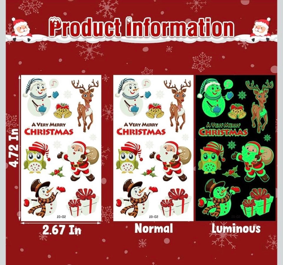 New HUSKEIN 10 Sheets Luminous Christmas Tattoos for Kids, Christmas Temporary Tattoos, Bulk Stocking Stuffers for Kids, Merry Xmas Party Decorations