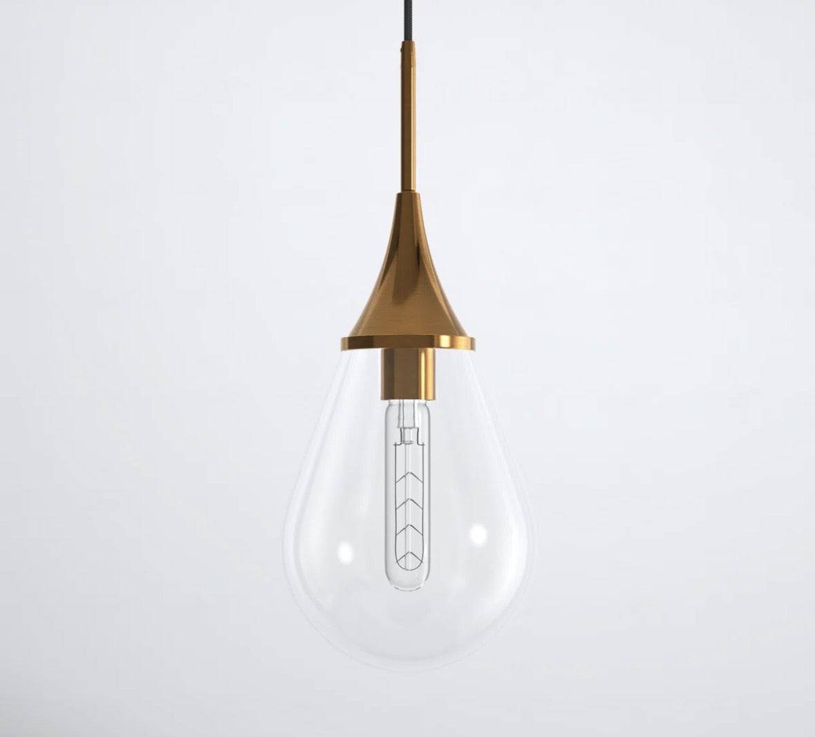 Allmodern Hoye 1-Light pendant with brushed brass metal base and glass teardrop shade