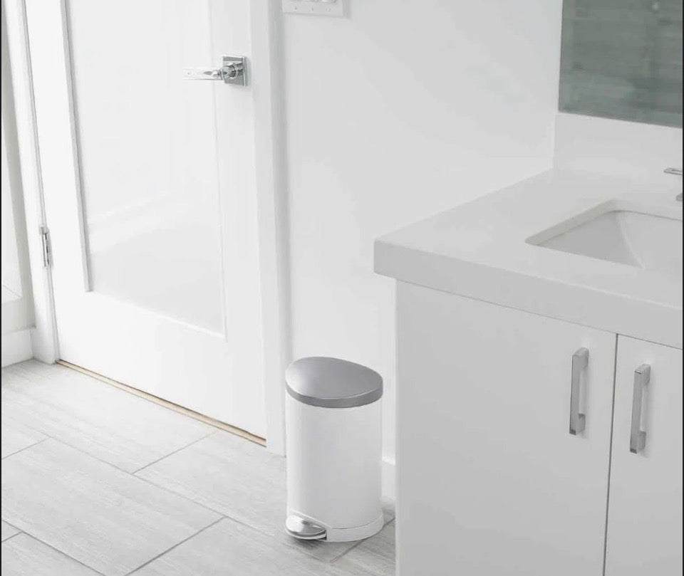 Simplehuman 6 Liter / 1.6 Gallon Semi-Round Bathroom Step Trash Can, White Steel