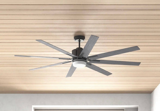 Ebern Designs Kenja 72-inch modern eight-blade ceiling fan with integrated dimmable LED light and wall control in indoor/outdoor setting