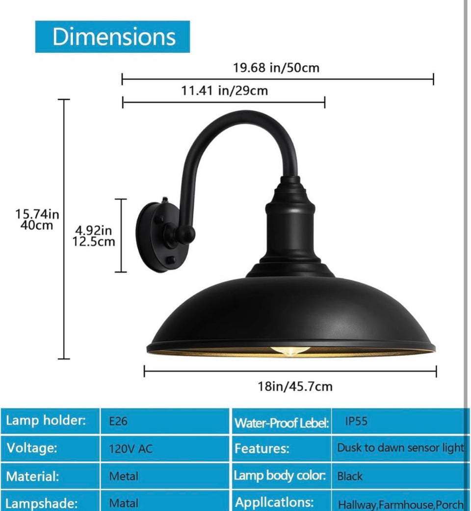 DENGNBJ Large 18" Outdoor Barn Gooseneck Light Dusk to Dawn, Classic Farmhouse Barn Wall Sconce, Gooseneck Lighting for Porch, Garage
