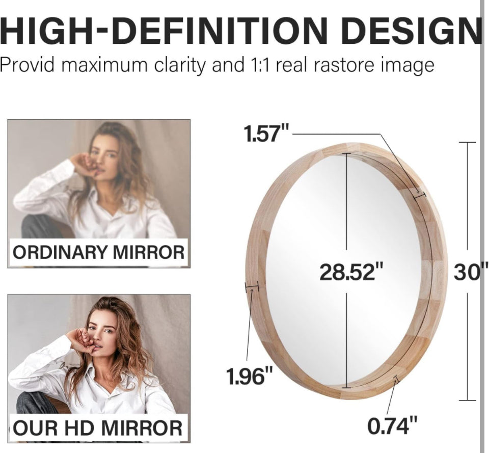 CONGUILIAO Round Mirror, 30 Inches Wood Mirror, Wall Mirror Decorative Circle Mirror, Nature Big Bathroom Large Vanity Mirror Farmhouse Mirror for Liv - Selzalot