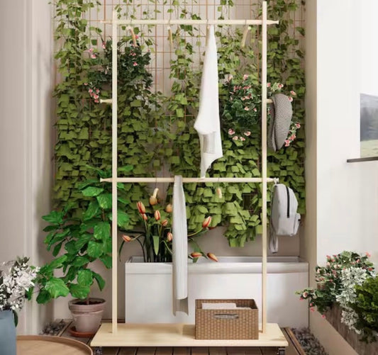 OPEN BOX NEW Angel Sar 38.2 in. x 15.7 in. x 72.1 in. Solid Wood Modern Clothes Rack with 6 Wooden Hangers, Adjustable Shelf and Wheels