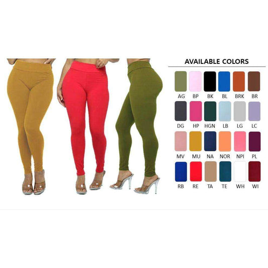 Plus size solid seamless leggings in various colors displayed on models with color chart.