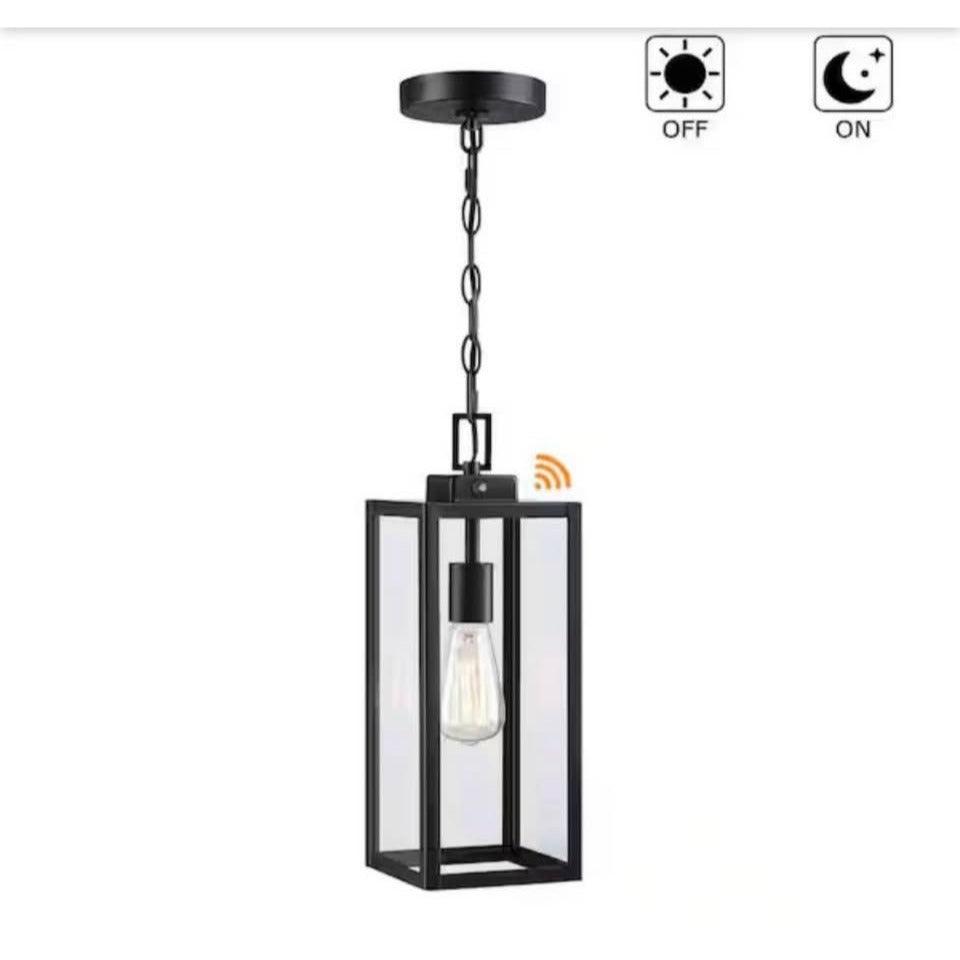 Hukoro Alfa 17 in. matte black outdoor hanging lantern with clear glass panels and adjustable chain