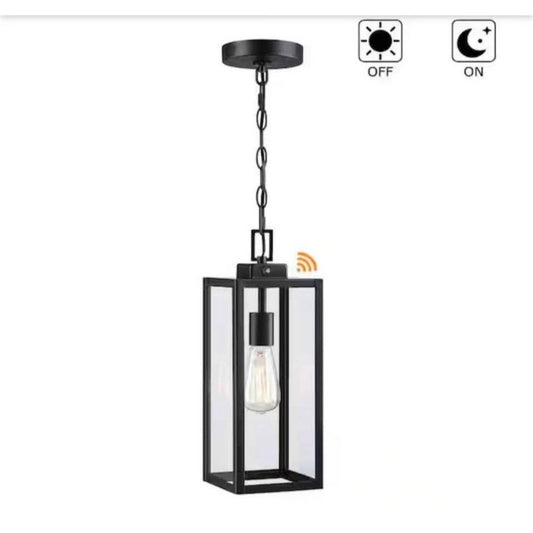 Hukoro Alfa 17 in. matte black outdoor hanging lantern with clear glass panels and adjustable chain