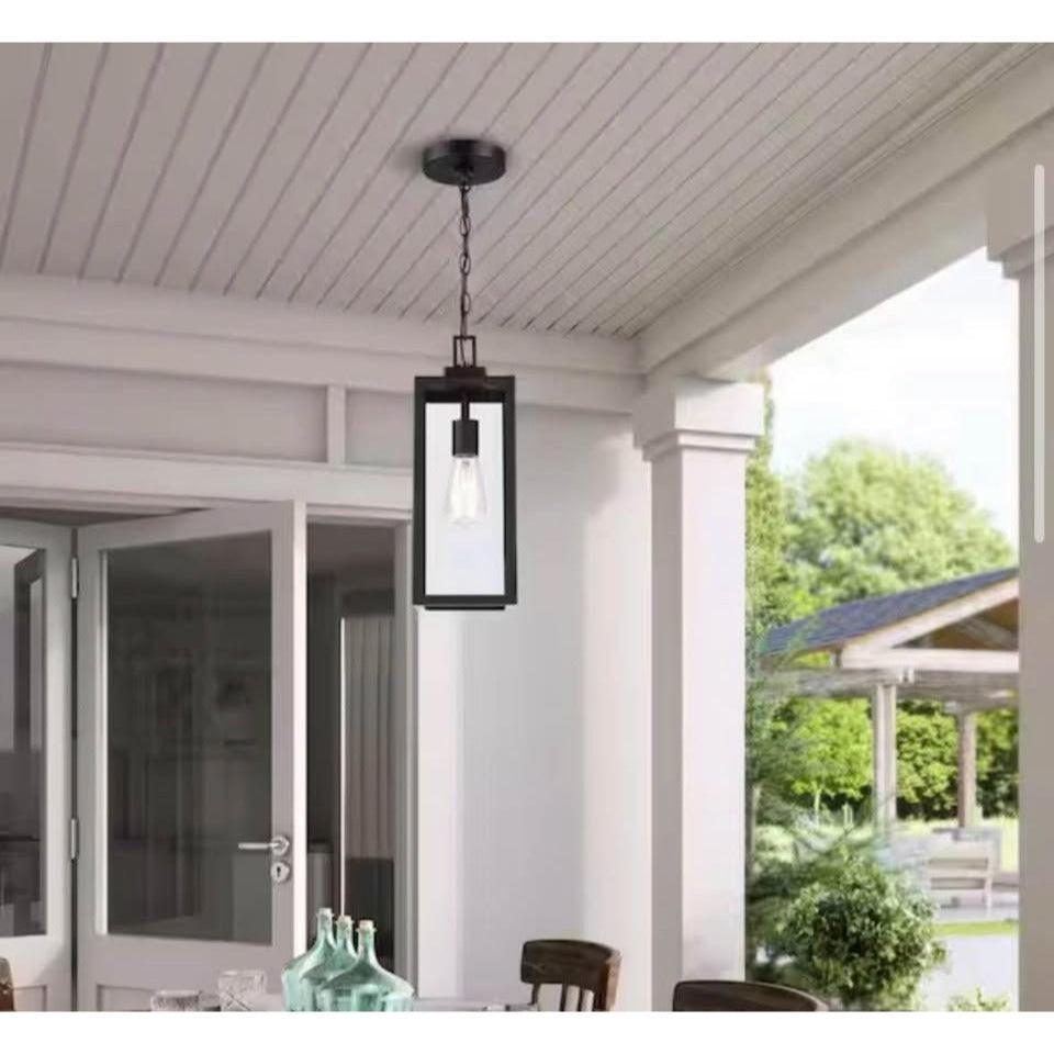 Hukoro Alfa 17 in. 1-Light Matte Black Outdoor Hanging Lantern Pendant Light with Clear Glass Dusk t