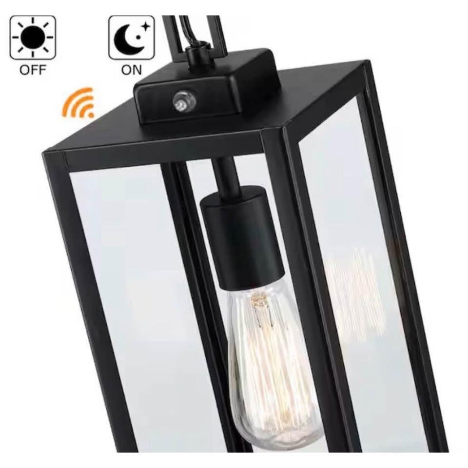 Hukoro Alfa 17 in. 1-Light Matte Black Outdoor Hanging Lantern Pendant Light with Clear Glass Dusk t