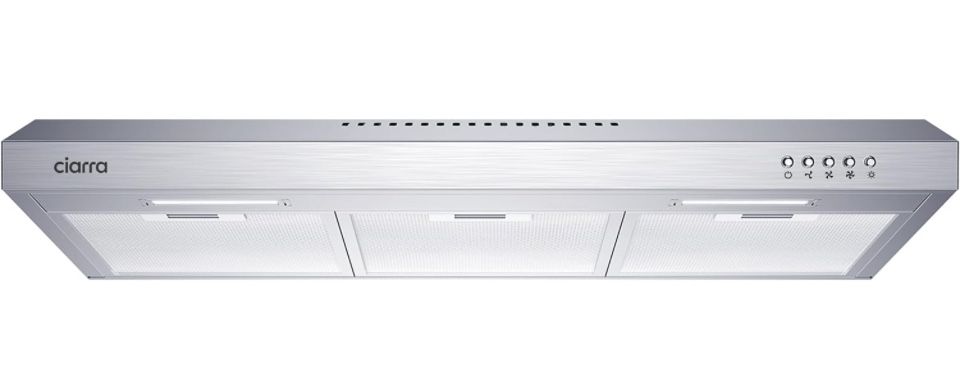 CIARRA ductless range hood 30 inch, under cabinet design, stainless steel finish, ultra-slim with mechanical push buttons.