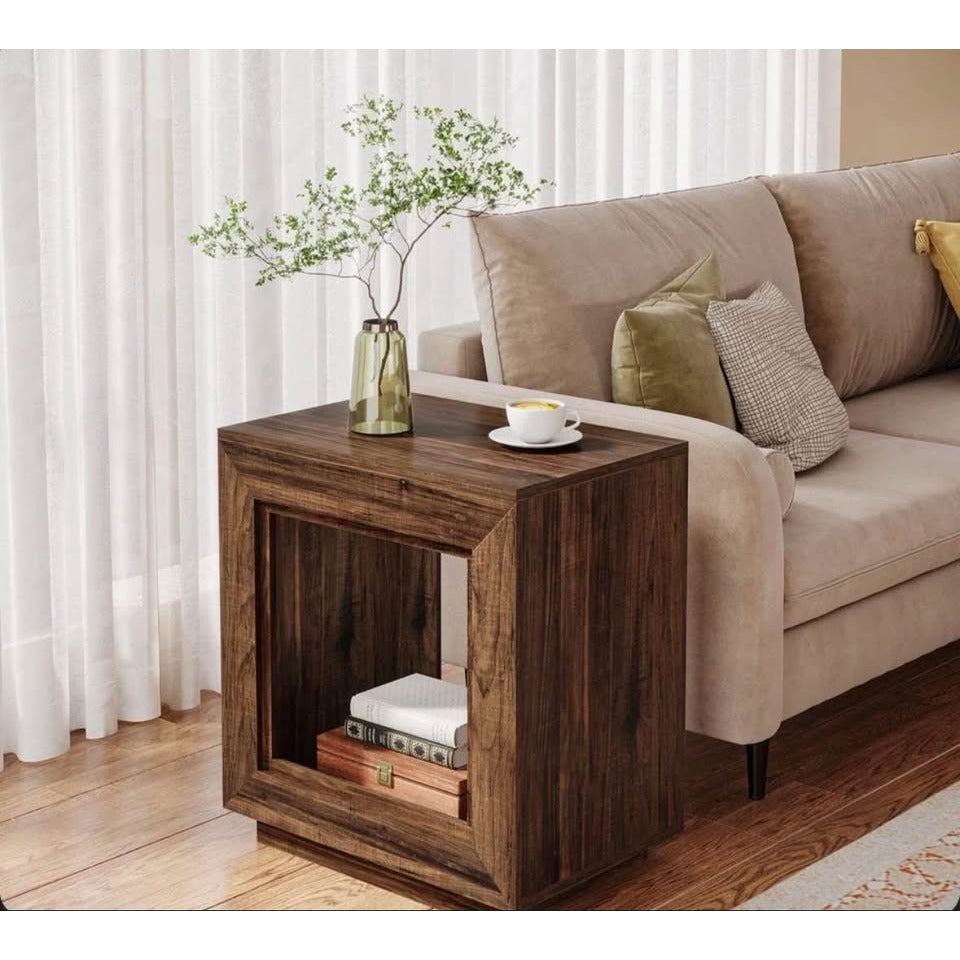 Millwood Pines Danquiel 24 inch farmhouse end table rustic finish with storage shelf