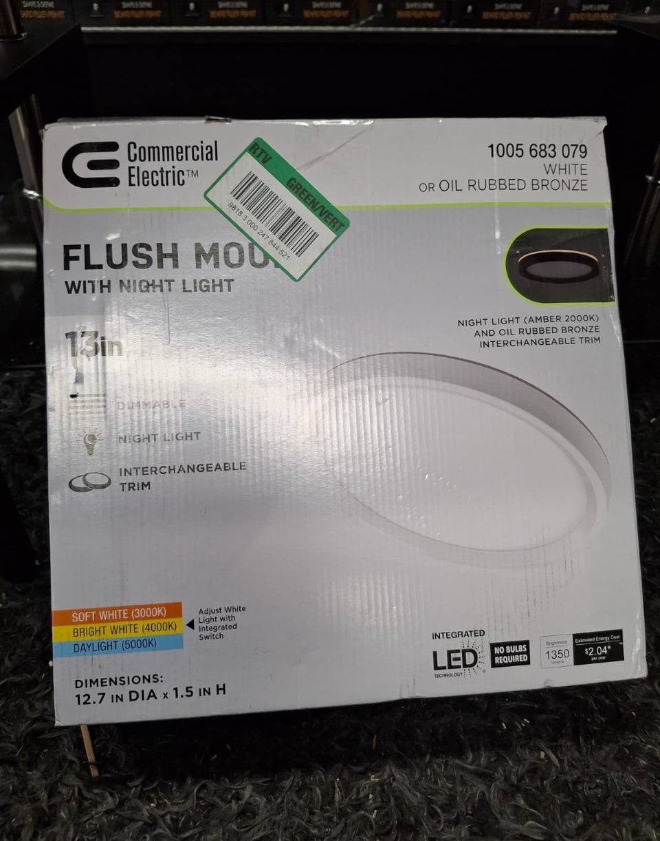 Open Box Commercial Electric 13 in. White, Oil Rubbed Bronze Trims 1350 Lumens LED Flush Mount Ceiling Light Fixture with Night Light Adjustable CCT