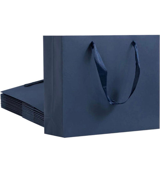 Umoonfine navy blue paper gift bags with cotton ribbon handles, 12 pack, reusable kraft material, 10.6x3.1x8.6 inches