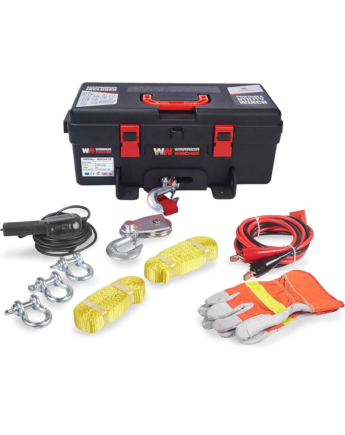 Trojan Portable 12v Electric Winch with accessories including ropes, shackles, and gloves.