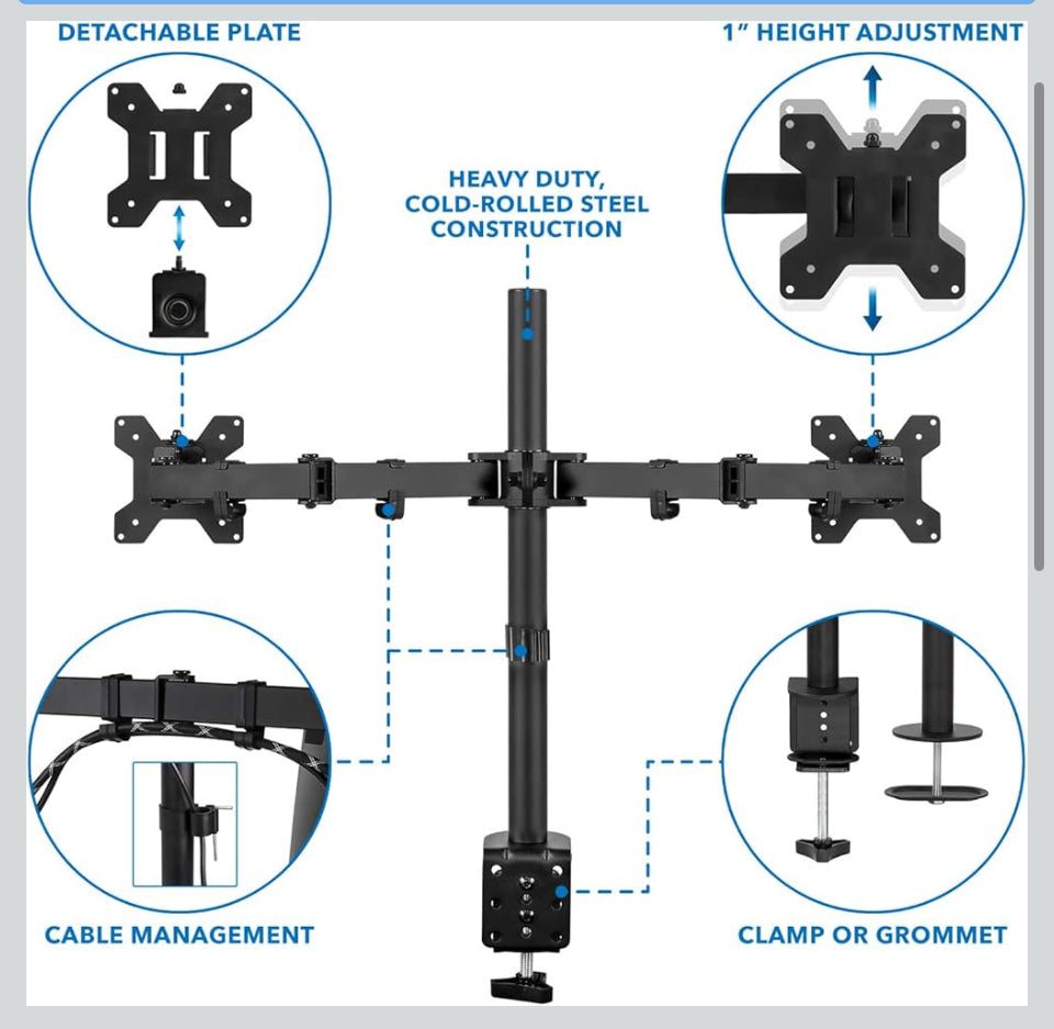 Open Box Mount-It! Dual Monitor Mount Double Monitor Desk Stand | Two Heavy Duty Full Motion Adjustable Arms Fit 2 Computer Screens 17 19 20 21 22 24
