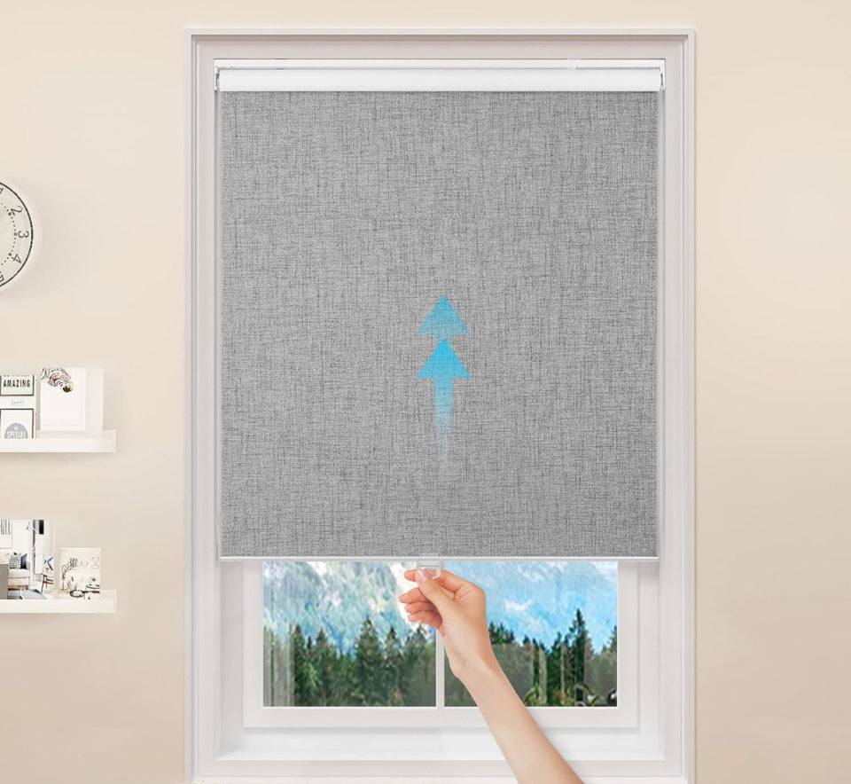GENIMO 100% blackout cordless roller window shades with thermal insulation, shown in a home setting.